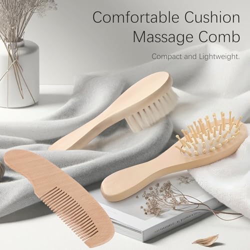 Baby Bath Grooming Kit Natural Wooden Hairbrush with Gentle Goat Bristles, Pear Wood Comb, and Soothing Massage Brush for Babies, Toddlers, and Kids - Image 6