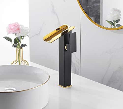 Bathroom Vessel Sink Faucet Black Gold Tall Spout Brass Waterfall Single Handle One Hole Bathroom Faucets Vanity Lavatory Bowl Sink Commercial Basin Water Supply Line Above Counter - Image 6