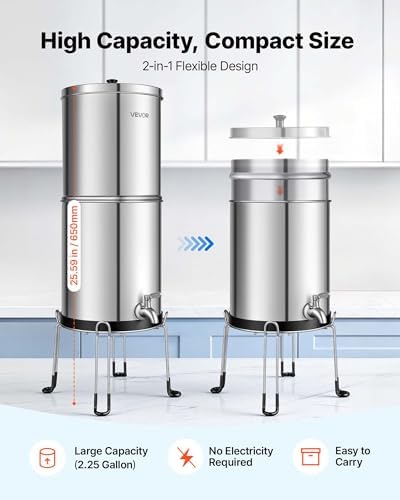 VEVOR Gravity-fed Water Filter System, 2.25G 304 Stainless-Steel Countertop Water Filtration System, Reduces Lead and up to 99% of Chlorine, with 2 Carbon Filters, Spigot, and Stand, for Home Camping - Image 7