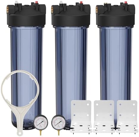 Max Water Whole House 20" x4.5" Purple Clear WH Water Filter Housing 1 inch Inlet/Outlet Ports with Pressure Gauge Wrench and Bracket (3 Housing + 2 Pressure Gauge) by MaxWater