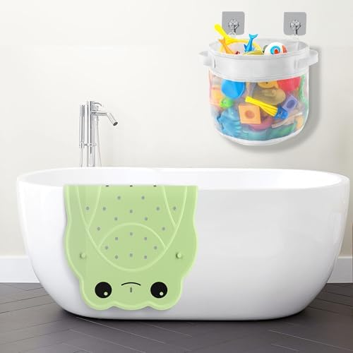 UNEEDE Kids Bath Mat & Bathtub Toy Holder Bundle Kit | Non-Slip Frog Shower Mat + Wall-Mounted Mesh Organizer with Drain Holes | Baby Bath Safety Essentials (30"x18" + 4.15 Gallons) by UNEEDE