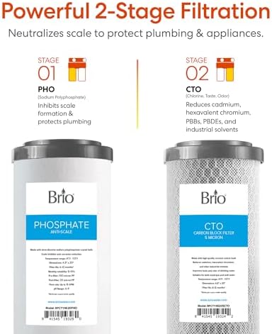 Brio Whole House Water Filter System w/Gauges | 2 Stage Fast-Flow Filtration (Phosphate Anti-Scale, CTO Carbon Block) 4.5" x 20" Filters | Improves Taste, Protects Home Appliances & Shower | 900 GPH - Image 4