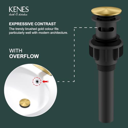 KENES Brushed Gold Pop Up Bathroom Sink Drain Assembly with Overflow - Image 3