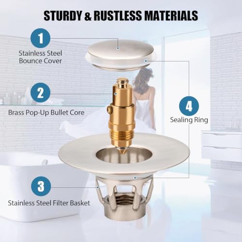 Three colors Brushed Nickel Bathroom Sink Stopper, 1.1-1.5" Bathroom Sink Drain Strainer, Universal WashBasin Pop Up Drain Stopper, Bounce Core Push Type Sink Plug, Anti-Clogging (1PCS) - Image 6