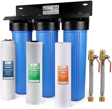 iSpring WGB32B-PB+AHPF12MNPT16X2 3-Stage Whole House Water Filter System, Reduces Lead, Chlorine, Sediment Home Water Filtration w/ 3/4'' Braided Stainless Steel Hose Connectors by iSpring