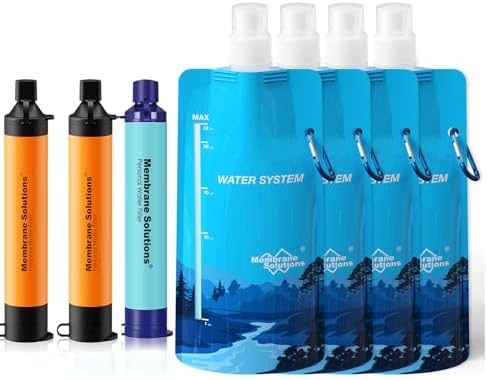Membrane Solutions Squeezable Water Filtration System, Survival Water Purifier Kit, Portable Backpacking Gear Including Water Filter Straw and 23oz Collapsible Bottle for Hiking Camping Travel(3+4) by MembraneSolutions