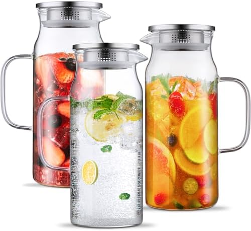 Bivvclaz 3 Pack 2 Liter 68 oz 2.1 Qt Glass Pitcher with Lid and Handle, Water Pitcher for Fridge, Glass Carafe for Hot/Cold Water, Large Iced Tea Jug for Coffee, Juice and Homemade Beverage by Bivvclaz