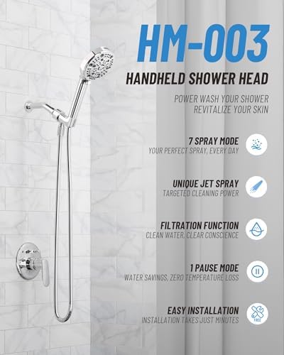 Filtered Handheld Shower Head for Hard Water, High Pressure Showerhead with 7 Spray Modes, Power Jet & Pause, Detachable & Adjustable for Healthier Skin & Hair - Chrome(VMASSTONE HM-003) - Image 2