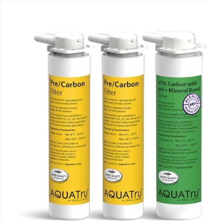 AquaTru One-Year Carafe Alkaline Filter Combo Pack – Includes 2 Pre/Carbon Filters (Stages 1–2) & 1 VOC Filter w/pH+ Mineral Boost (Stage 4) – Compatible with AquaTru Carafe Only by AQUATRU