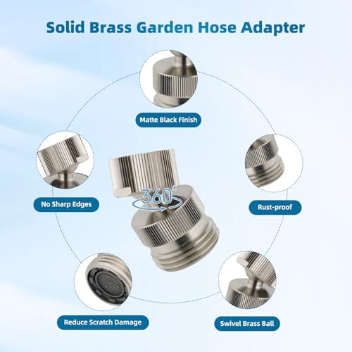 Hibbent Swivel Faucet Adapter Kit, Solid Brass 3/4" Garden Hose Connector, 360 Degree Kitchen Sink Faucet Adapter for Female & Male to Male, Brushed Nickel - Image 3