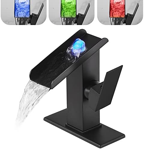 Bathroom Sink Led Faucet Waterfall Spout Black RGB 3 Colors Changing Temperature Lavatory Vanity Sink Faucet One Hole Handle Modern Washbasin Tap with Lights Deck Mount Commercial by Chiczam