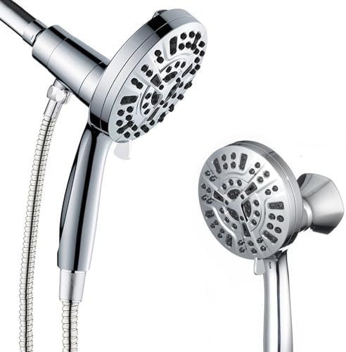 High Pressure Shower Head with Magnetic Back Fixed Base Design,Handheld Showerhead with Hose Set Stainless Steel 59 inches/5 ft 10-Setting 5 inches Large Face,Chrome Finish by Ryhiac