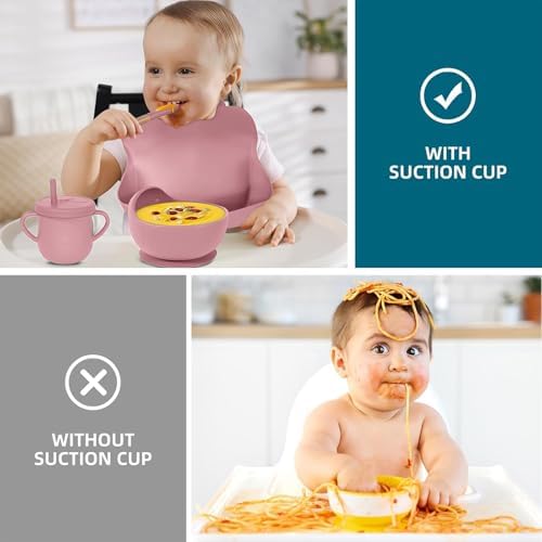 100% Silicone Baby Feeding Set,BPA Free Baby Dishes Set with Suction Bowl Divided Plate,Toddler Self Feeding Dish Set with Spoons Forks Sippy Cup and Bib, Baby Eating Utensils (Coral) - Image 5