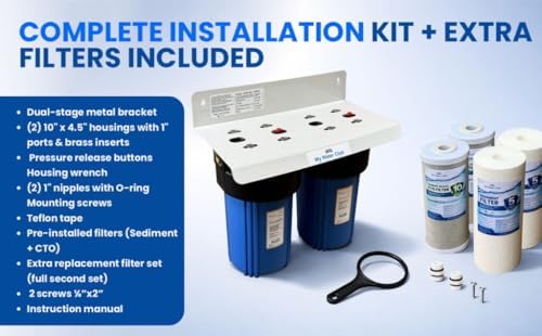 Dual Stage 10″ x 4.5″ Whole House Water Filtration System – 1″ NPT, Pressure Release, Brass Inserts – Includes Sediment & CTO Carbon Block, Extra Replacement Filter Set - Image 7