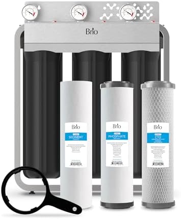 Brio 3-Stage Whole House Filtration System, Anti-Scale, 900 GPH, 4.5" x 20" Sediment, PHO, and CTO Carbon Block Filters Included w/Lifespan of 12 Months by Brio