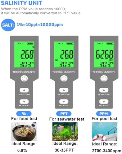 Pool Salt Tester - Multifunctional 5 in 1 Salinity, PH, TDS, EC, and Temperature Meter, Pool Salinity Testing Kit, Digital Salinity Tester for Swimming Pool,Saltwater, Sea Water, Aquarium - Image 3