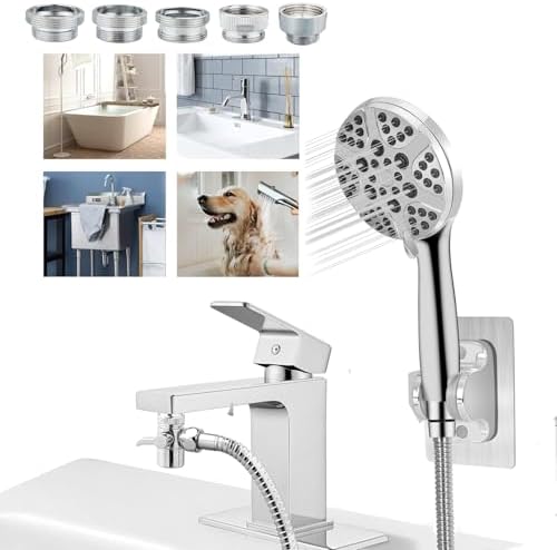 Bathtub Shower Head Sink-Faucet set，Tub faucet spayer attachment with 5 Adapters and 59" Hose for Pet Dog Rinse、 Baby Bath 、Hair washing, ON/OFF Extension for Tub, Utility Sink, Garden and Bathroom by phyxon
