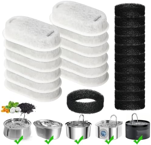 Cat Water Fountain Filter, 24-Pack Filters Replacement for 67oz/2L & 108oz/3.2L Stainless Steel Cat Water Fountain, 4-Layer Filtration Pet Filter (12 Filters & 12 Sponges) by TOUDABBQ
