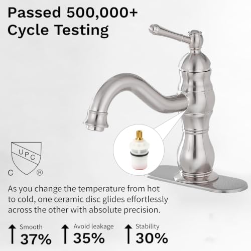 Bathroom Faucet Brushed Nickel GGStudy 360° Swivel Bathroom Vanity Faucet Single Handle One Hole Bathroom Sink Faucet Basin Matching Pop Up Drain with Overflow - Image 5