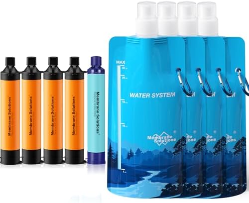 Membrane Solutions Squeezable Water Filtration System, Survival Water Purifier Kit, Portable Backpacking Gear Including Water Filter Straw and 23oz Collapsible Bottle for Hiking Camping Travel(5+4) by MembraneSolutions
