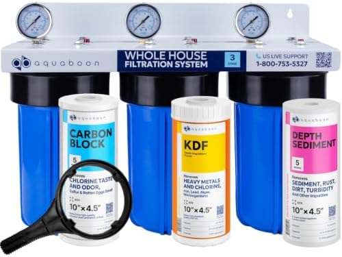Aquaboon 3-Stage Whole House Water Filtration System with 5 Micron 10x4.5 Reducing Sediment, KDF Heavy Metals and Carbon Chlorine Reduction Water Filter Purification Cartrige, Pressure Gauges, Wrench by Aquaboon
