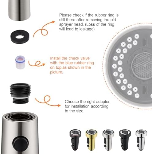 TIORIY Pull Down Spray Head Replacement - for Kitchen Faucet Sprayer Head with 15 Adapters, 3 Function Pull Out Faucet Spray Nozzle, Brushed Nickel - Image 4