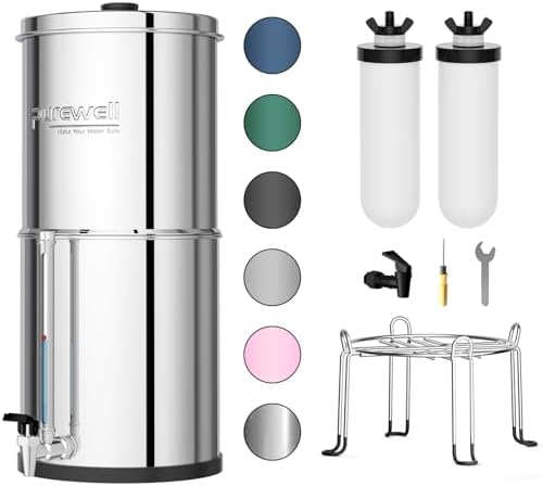 Purewell 3-Stage Gravity Fed Water Filter System, 2.25 Gallon Stainless Steel Countertop System with 2 Washable Ceramic Filters, Metal Water Level Spigot and Stand, Reduce up to 99% Chlorine, PW-OBT-K by Purewell