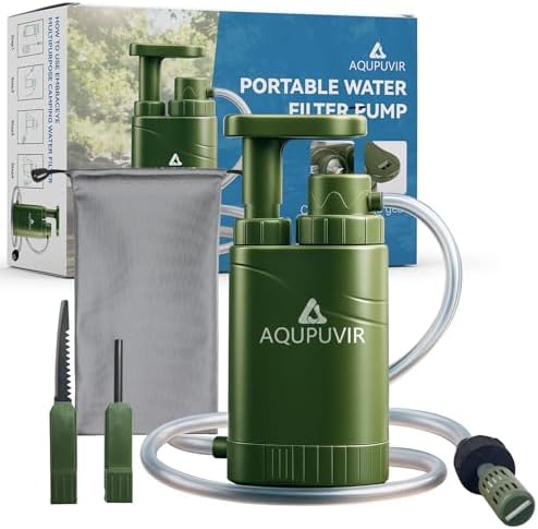Portable Water Filter Pump with 5-Stage Filtration, 0.01 Micron Carbon Filter, Compass and Survival Whistle for Camping, Hiking, Backpacking, Emergency by AQUPUVIR