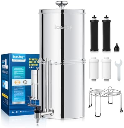 8-Stage Gravity Water Filtration System 3.0 Gallon-304 Stainless Steel Countertop System with 4 Filters and StandReduce 99.9% Chlorine, NSF/ANS 42 Certifcation by IceJoy