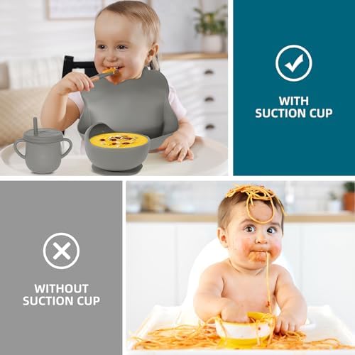 100% Silicone baby feeding set,BPA free Baby dishes set with Suction Bowl Divided Plate,Toddler Self Feeding Dish Set with Spoons Forks Sippy Cup And Bib, Baby Eating Utensils (Light Brown) - Image 4