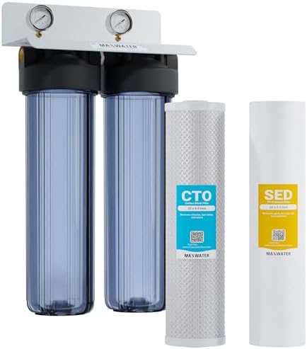 2-Stage Whole House Water Filtration System 20” x 4.5” Clear Housings with Sediment & Carbon Block Filters w/Valve, Pressure monetering gauges, removes Sediment, Chlorine, pesticides, herbicides by MaxWater