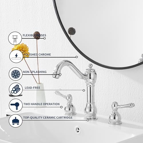 2 Handles 3 Holes Faucet Widespread Bathroom Sink Faucet Basin Tap Mixer Supply Hose Included Matching Pop Up Drain Polished Chrome - Image 4