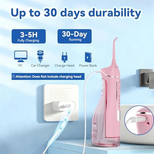 Cordless Portable Water Flosser with 300ML Tank: Rechargeable Oral Irrigator with 5 Tips for Travel, Braces Care and Sensitive Gums, IPX7 Waterproof Teeth Cleaning Device(Pink) - Image 5