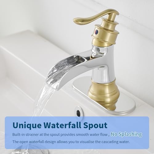 BWE Brass Waterfall Bathroom Faucet, Brushed Gold & Chrome for Modren Style - Image 2
