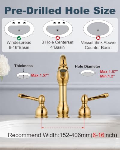 Aolemi Widespread Bathroom Sink Faucet 3 Hole Metal Lever Polish Gold - Image 3