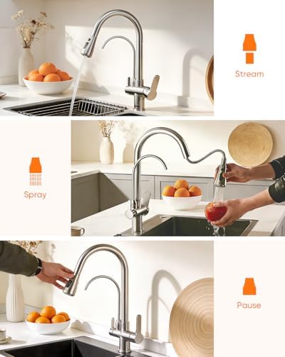 Kitchen Faucet with Water Filter Spout — 2-in-1 Brushed Nickel Pull-Down Sink Faucet, NSF-Certified Filtered Water Tap, Single-Handle with Detachable Deck Plate Fits 1 or 3 Hole by OWOFAN - Image 4
