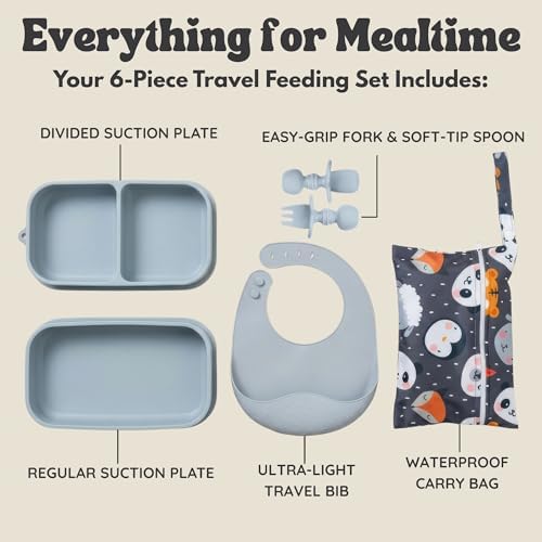 Baby Travel Feeding Set with Silicone Suction Plates, Grey Small - Image 3