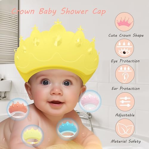 Baby Shower Cap Shield, Baby bath set shower cap, Visor Hat for Eye and Ear Protection for 0-9 Years Old Children,Cute Crown Shape Makes the Baby Bath More Fun (Yellow) - Image 2