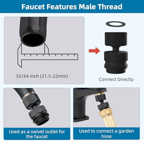 Hibbent Sink Faucet to Garden Hose Adapter, 360-Degree Swivel 55/64 Inch Female Thread, Sink Hose Attachment for Faucet Adapter Connector, Matte Black - Image 5