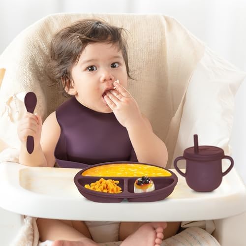 100% Silicone Baby Feeding Set, BPA Free Dishes With Suction Bowl, Divided Plate, Toddler Self Feeding Utensils, Spoons, Forks, Sippy Cup and Bib (Dark Red) - Image 6
