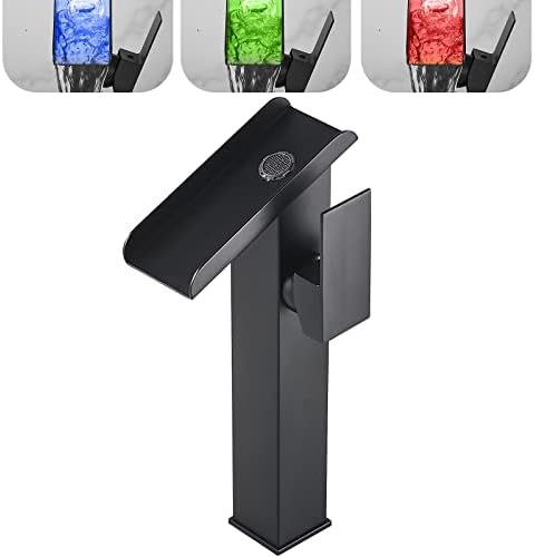 Bathroom Vessel LED Faucet 3 Color Changing Light Waterfall Single Handle One Hole Bowl Sink Faucet Vanity Lavatory Deck Mount Mixer Tap Tall Body Modern Restroom 1 Hole Supply Lines by Chiczam