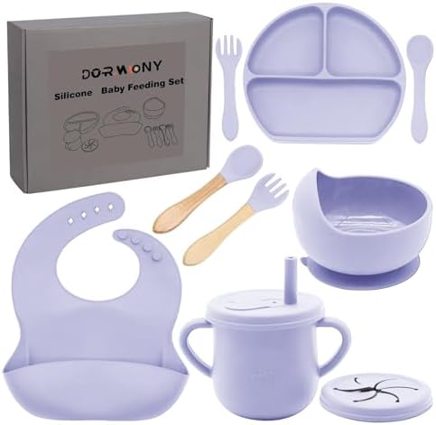 100% Silicone Baby Feeding Set,BPA Free Baby Dishes Set with Suction Bowl Divided Plate,Toddler Self Feeding Dish Set with Spoons Forks Sippy Cup and Bib, Baby Eating Utensils(Purple) by Dormlony