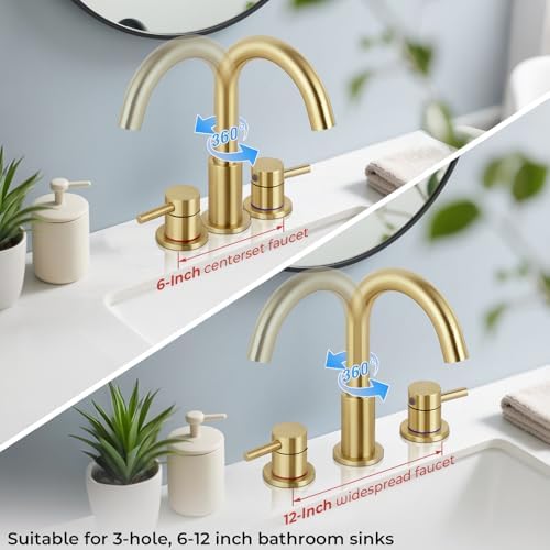 Bathroom Faucet 3 Hole Brushed Gold, 2-Handle Widespread Faucet - Image 4