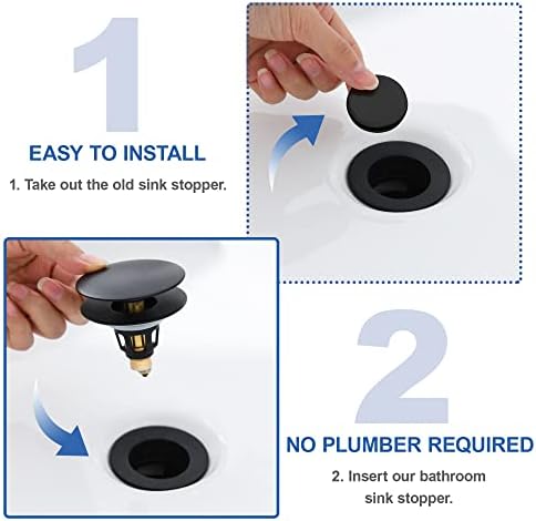 Universal Bathroom Sink Stopper - Pop Up Sink Drain Stopper, Push Button Flixfilter Sink Drain Stopper Replacement, Wash Basin Drain Filter Plug Anti-Clogging Basket, Matte Black - Image 6