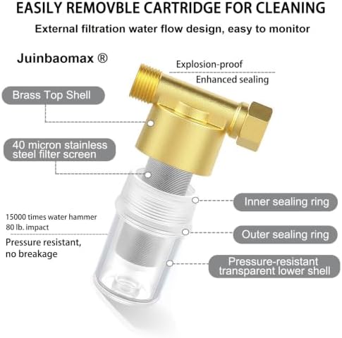 XZ03 Reusable Brass Sediment Filter, 40 Micron Washer Water Filter System, for Washing Machine, Heater, Garden, Protecting Appliances, Reduces Clothes Yellowing, Anti Scale Shower Filter - Image 2