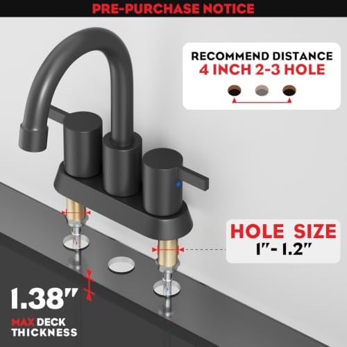 Phiestina 4 Inch 2 Handle Centerset Matte Black Lead-Free Modern Bathroom Faucet, 360 Swivel Spout 2-3 Hole RV Bathroom Vanity Sink Faucet with Pop Up Drain and Water Supply Lines,BF015-1-MB - Image 5