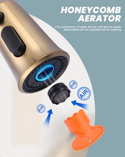WOWOW Kitchen Faucet Head Replacement, 3 Function Pull Down Faucet Sprayer Head with 13 Adapters, Brushed Gold Kitchen Sprayer Nozzle Compatible with Moen, Delta, Kohler Faucets - Image 4