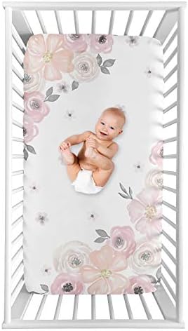 Sweet Jojo Designs Fitted Baby Crib Sheets (Pink/Grey Boho Floral) for Girls, Infant Nursery, Toddler Room - Standard Size (Photo Op, Rose, Flower, Bohemian, Farmhouse, Wildflower, Nature, Elegant) by SweetJojoDesigns