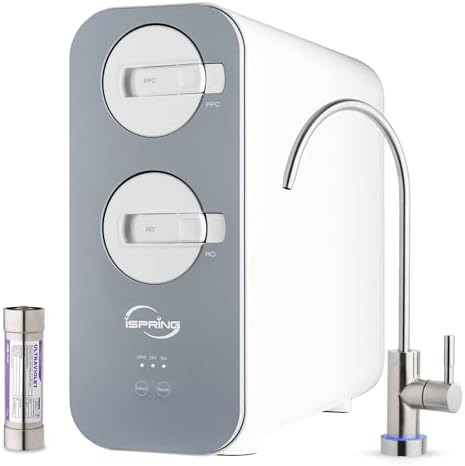 iSpring RO800G+UVF8 Tankless Reverse Osmosis System with LED UVF8 Light, 800 GPD Fast Flow RO System, 2.5:1 Pure to Drain Ratio RO Water Filter System, Brushed Nickel Faucet by iSpring