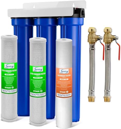 iSpring WCB32O+AHPF12MNPT12X2 Whole House Water Filter System, Reduces up to 99% Chlorine, Sediment, Taste, Odor, 3-Stage Water Filtration System w/ 3/4" Push-fit Stainless Steel Hose Connectors by iSpring